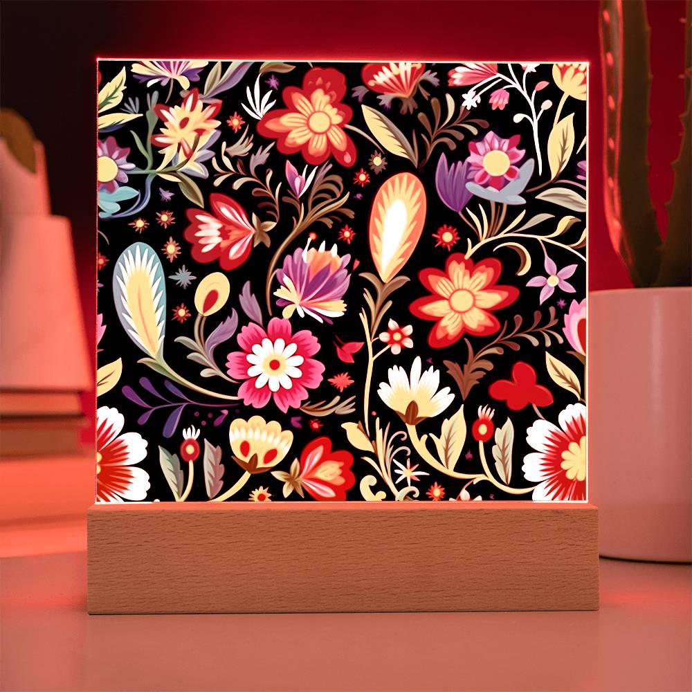 Mexican Floral Fiesta Pattern 038 - Square Acrylic Plaque With LED Base