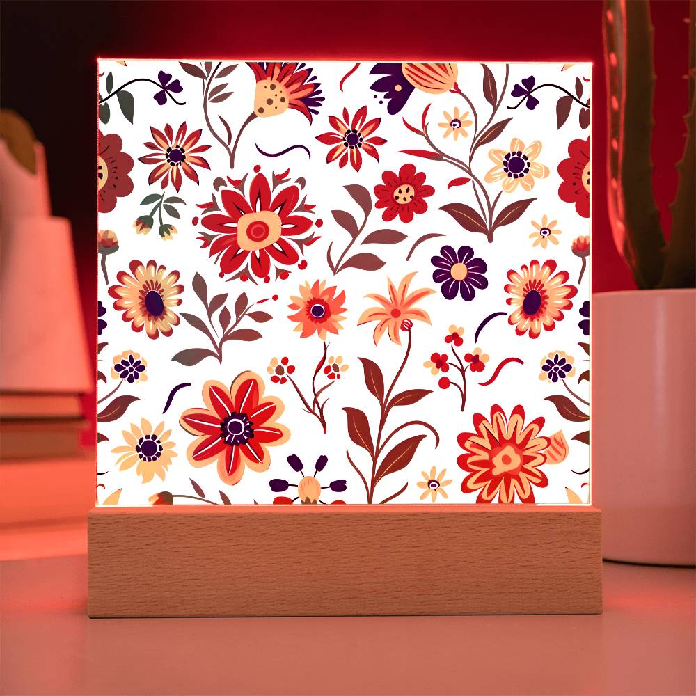 Mexican Floral Fiesta Pattern 024 - Square Acrylic Plaque With LED Base