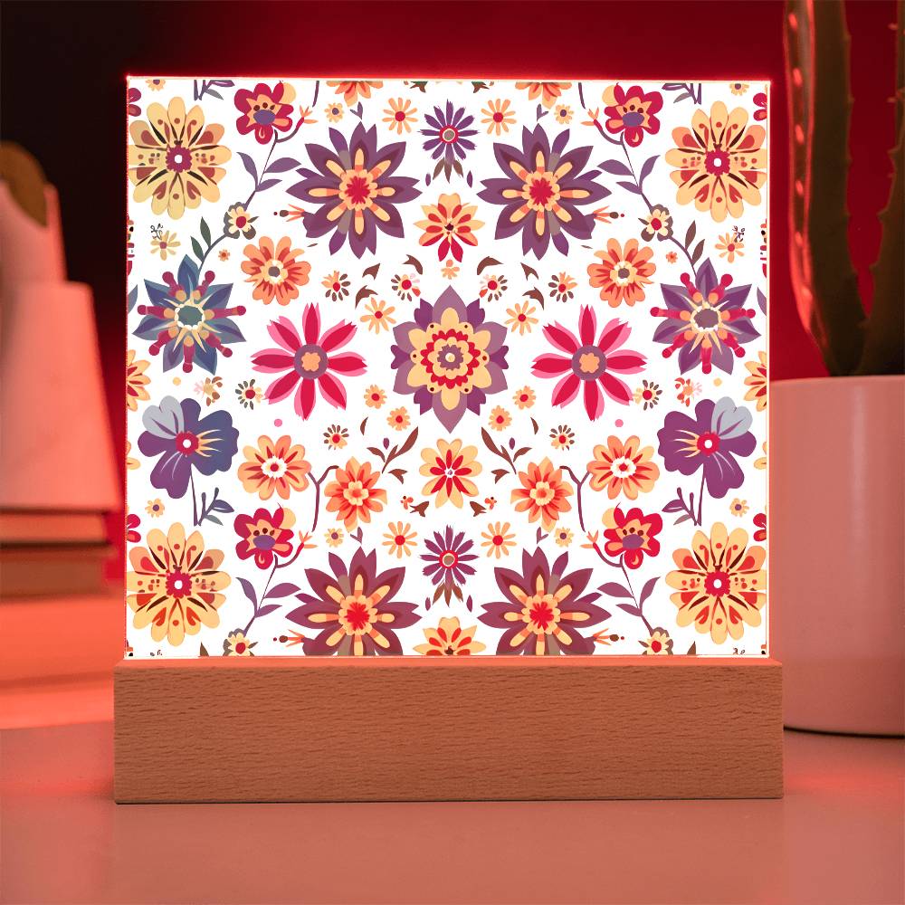 Mexican Floral Fiesta Pattern 025 - Square Acrylic Plaque With LED Base