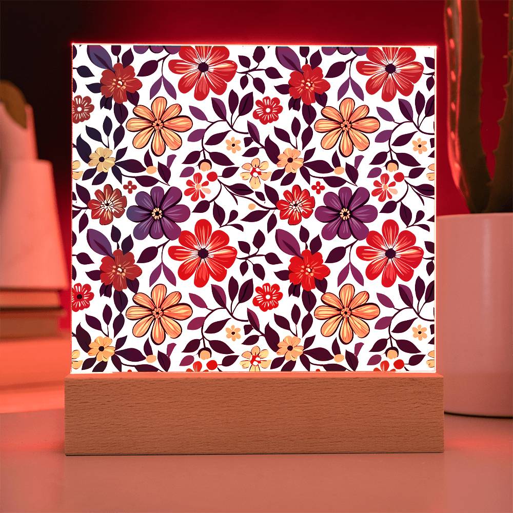 Mexican Floral Fiesta Pattern 042 - Square Acrylic Plaque With LED Base