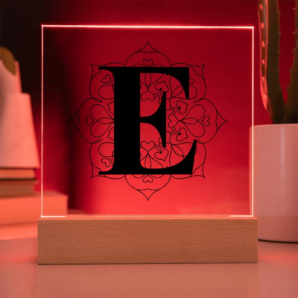 Magnolia Mandala Alphabet Letter E - Square Acrylic Plaque With LED Base