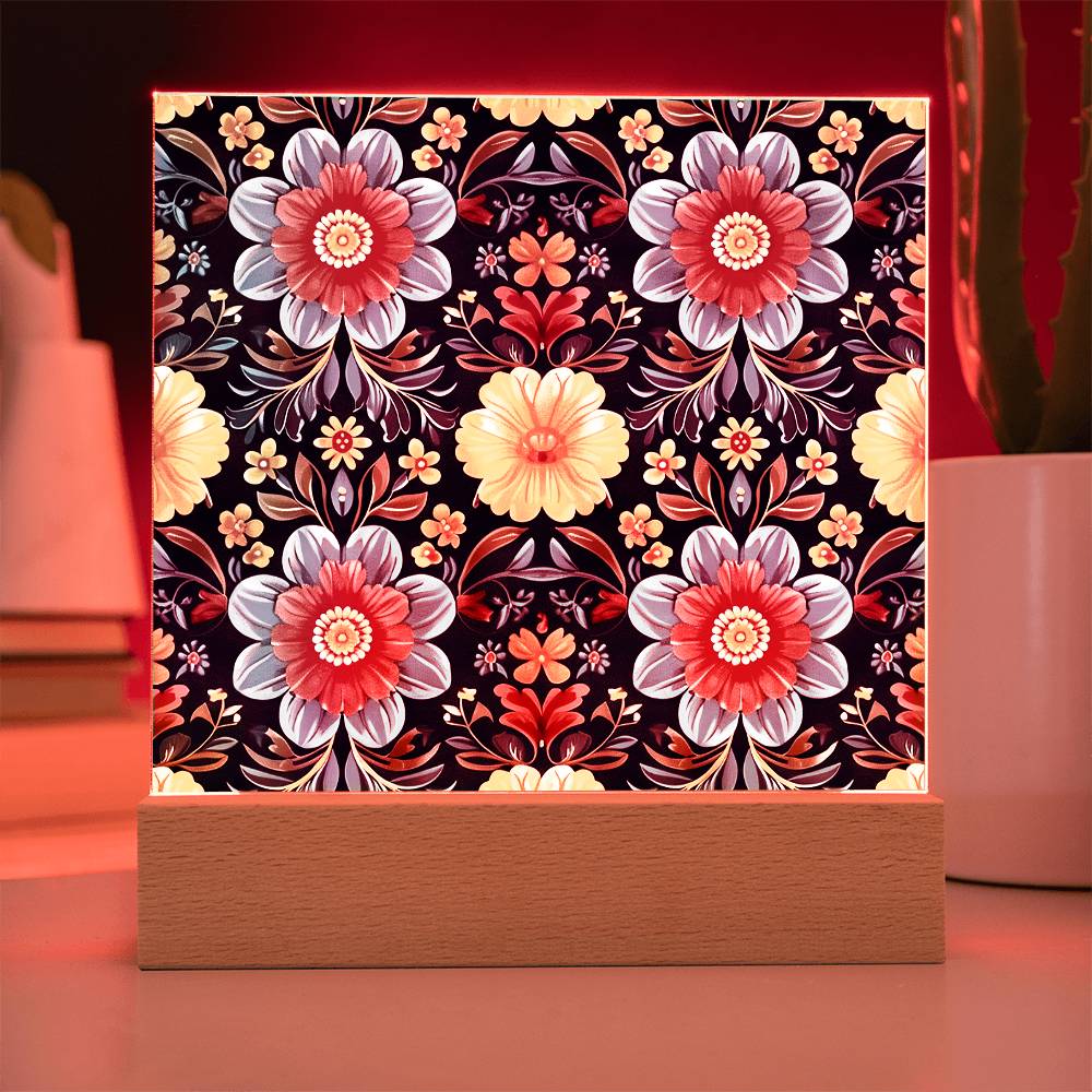 Mexican Floral Fiesta Pattern 046 - Square Acrylic Plaque With LED Base