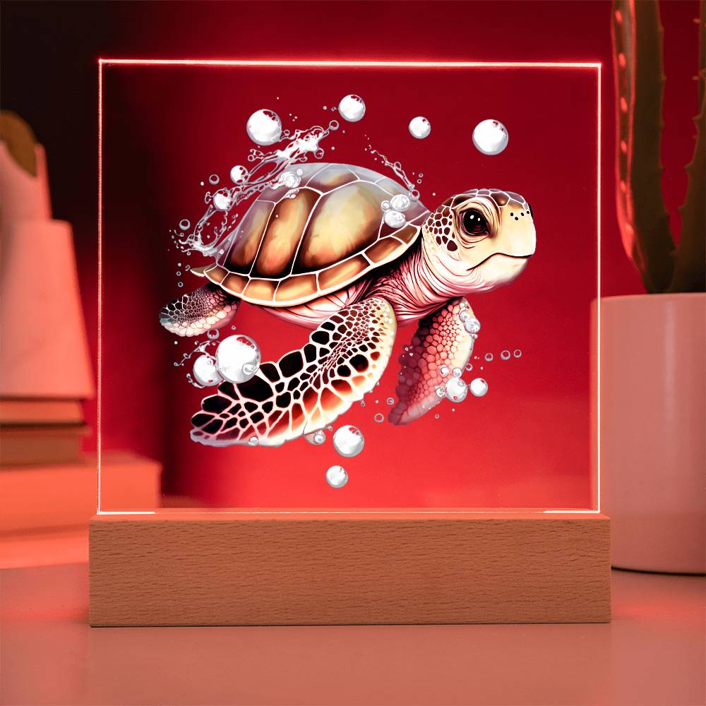 Cute Sea Turtle 005 - Square Acrylic Plaque With LED Base