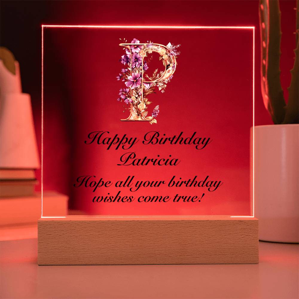 Happy Birthday Patricia (Lavender Flowers) - Square Acrylic Plaque With LED Base
