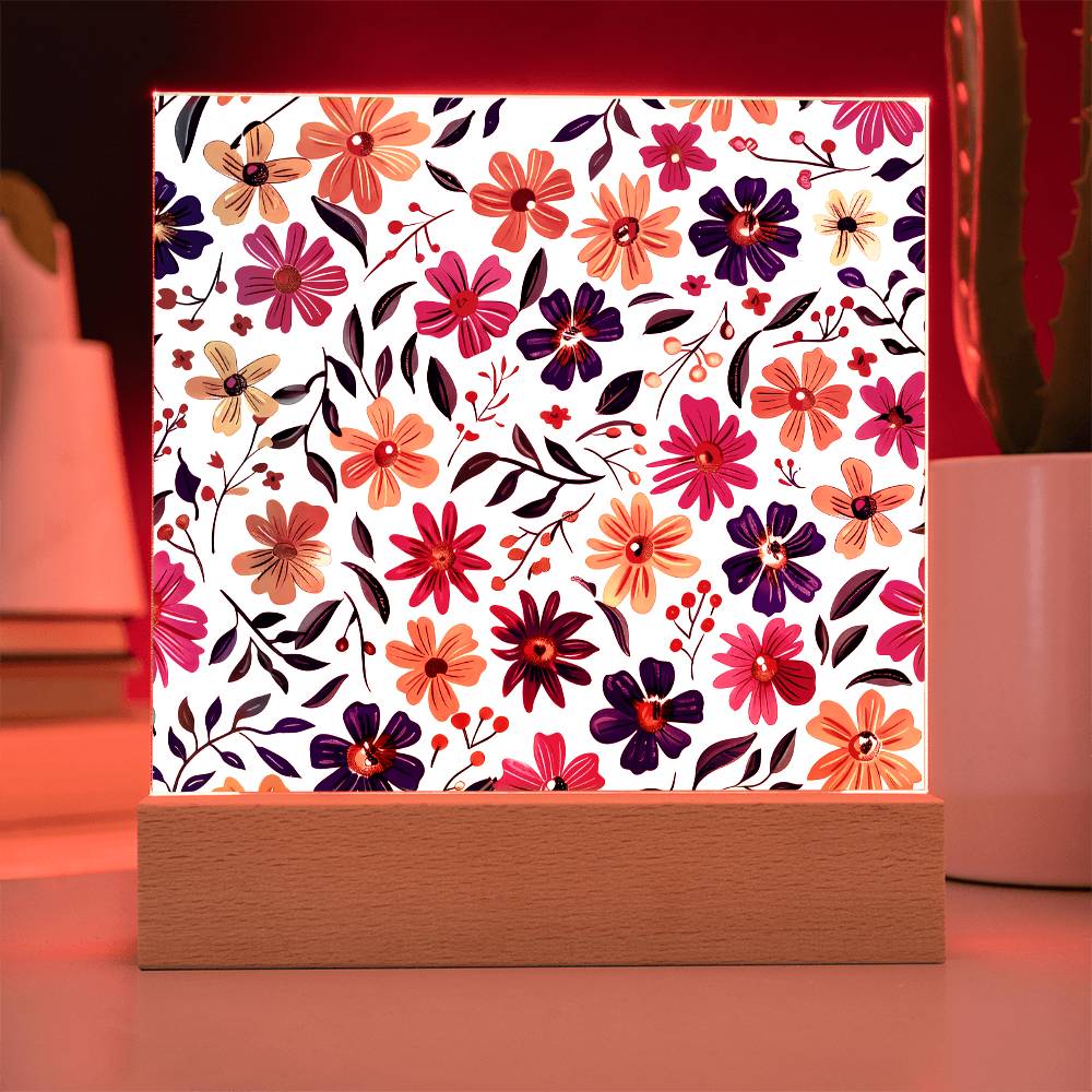 Mexican Floral Fiesta Pattern 008 - Square Acrylic Plaque With LED Base