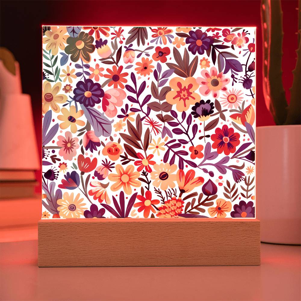 Mexican Floral Fiesta Pattern 010 - Square Acrylic Plaque With LED Base