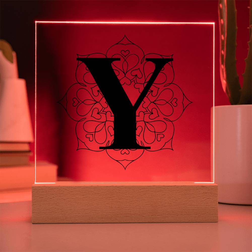 Magnolia Mandala Alphabet Letter Y - Square Acrylic Plaque With LED Base