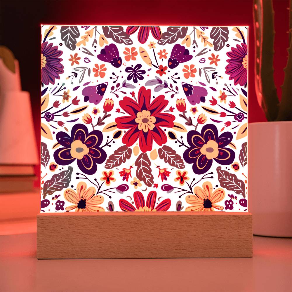 Mexican Floral Fiesta Pattern 067 - Square Acrylic Plaque With LED Base