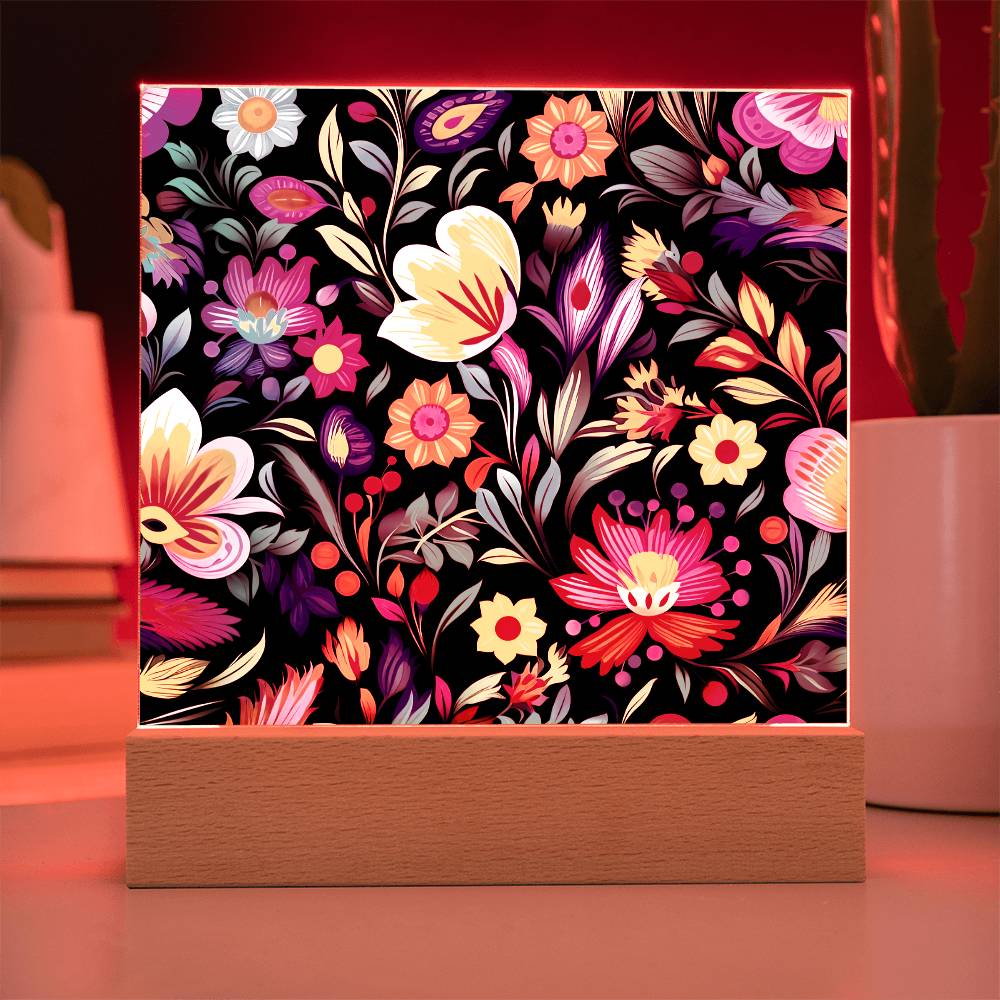 Mexican Floral Fiesta Pattern 031 - Square Acrylic Plaque With LED Base