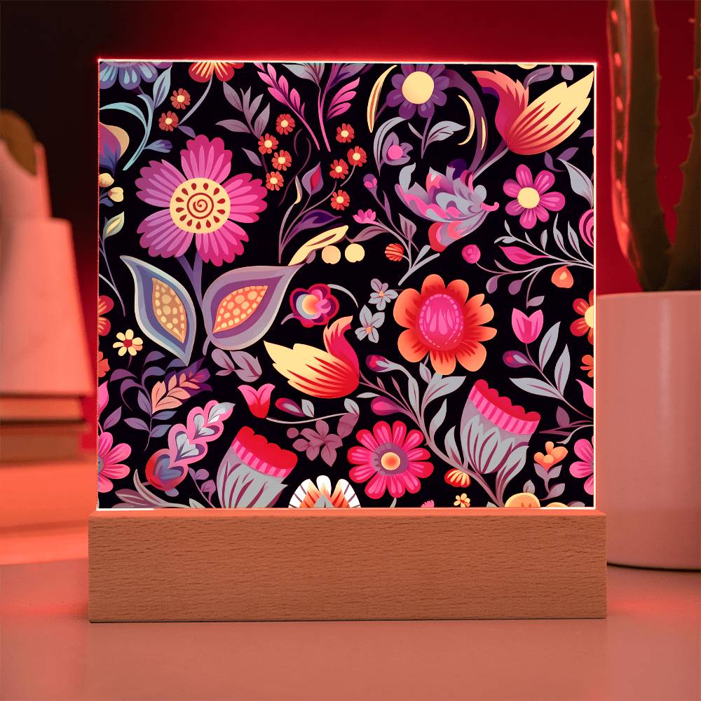 Mexican Floral Fiesta Pattern 049 - Square Acrylic Plaque With LED Base