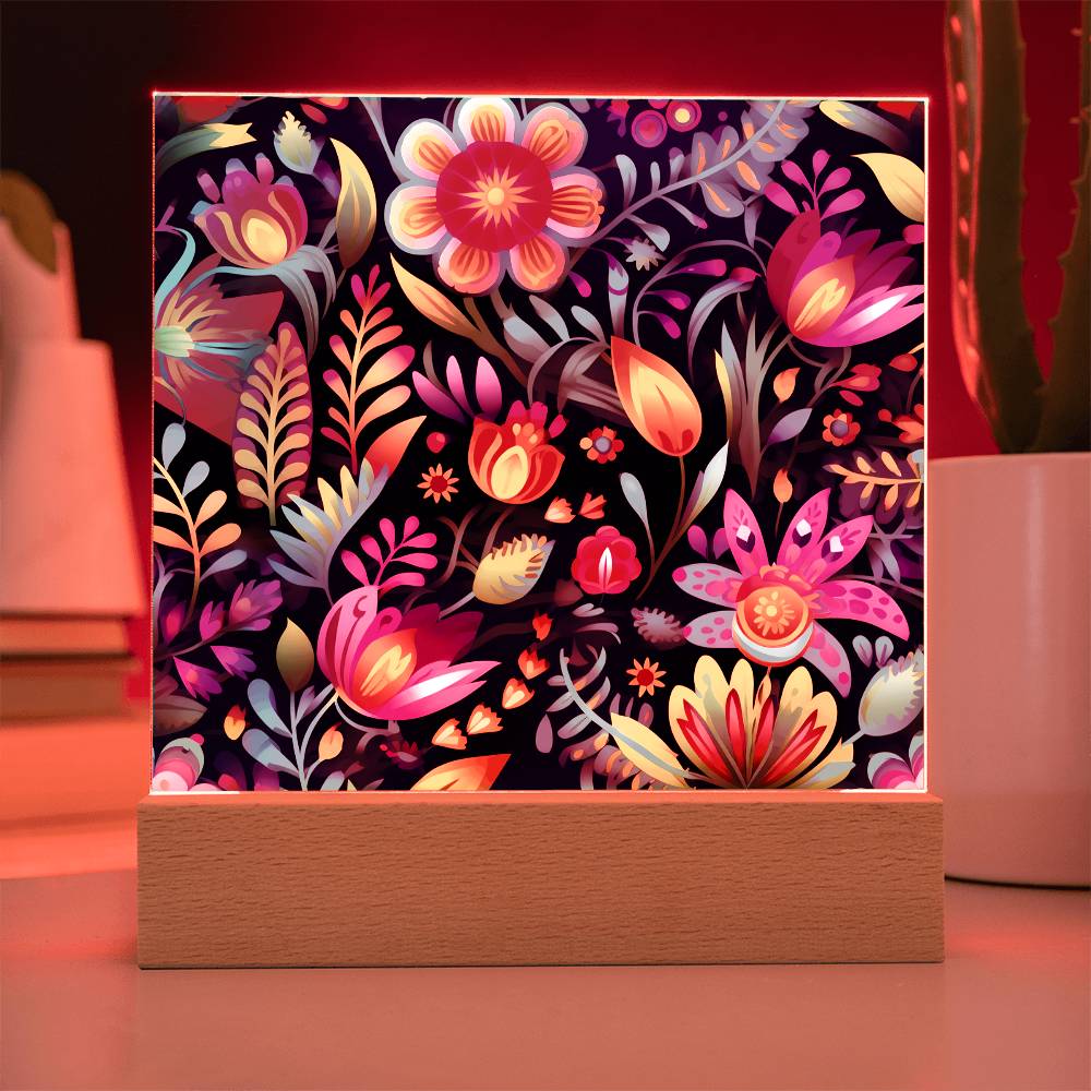 Mexican Floral Fiesta Pattern 056 - Square Acrylic Plaque With LED Base