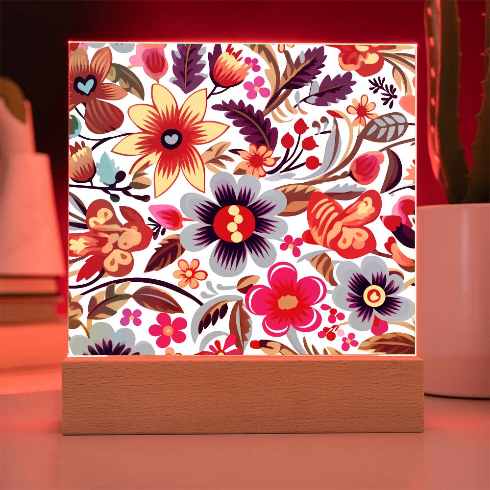 Mexican Floral Fiesta Pattern 050 - Square Acrylic Plaque With LED Base
