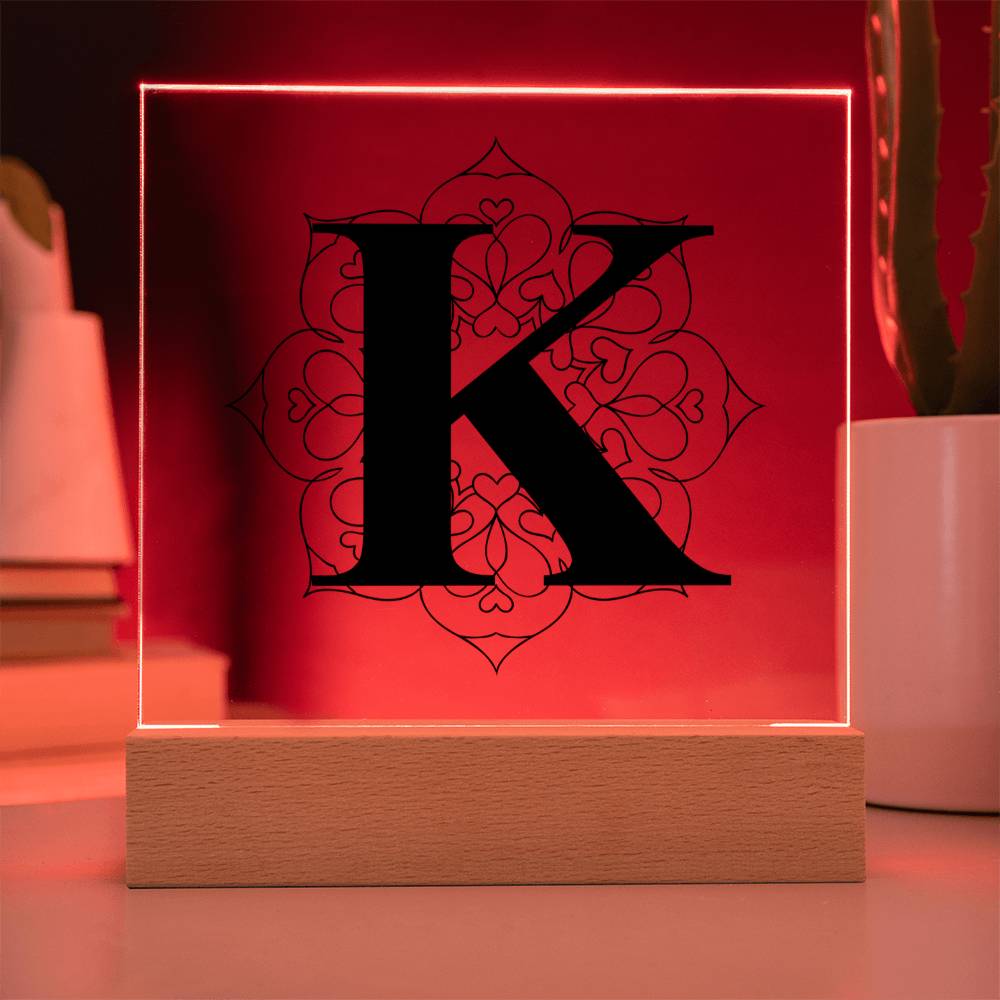 Magnolia Mandala Alphabet Letter K - Square Acrylic Plaque With LED Base