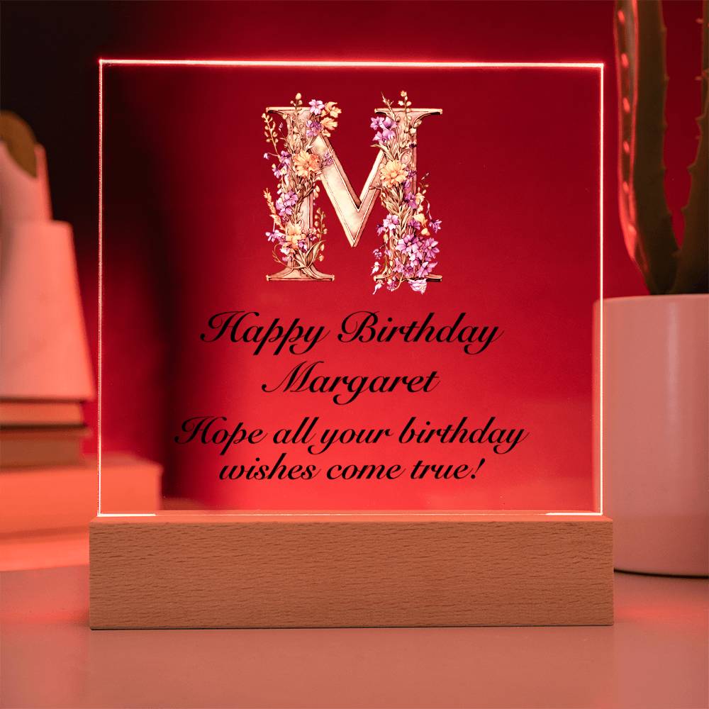 Happy Birthday Margaret (Lavender Flowers) - Square Acrylic Plaque With LED Base