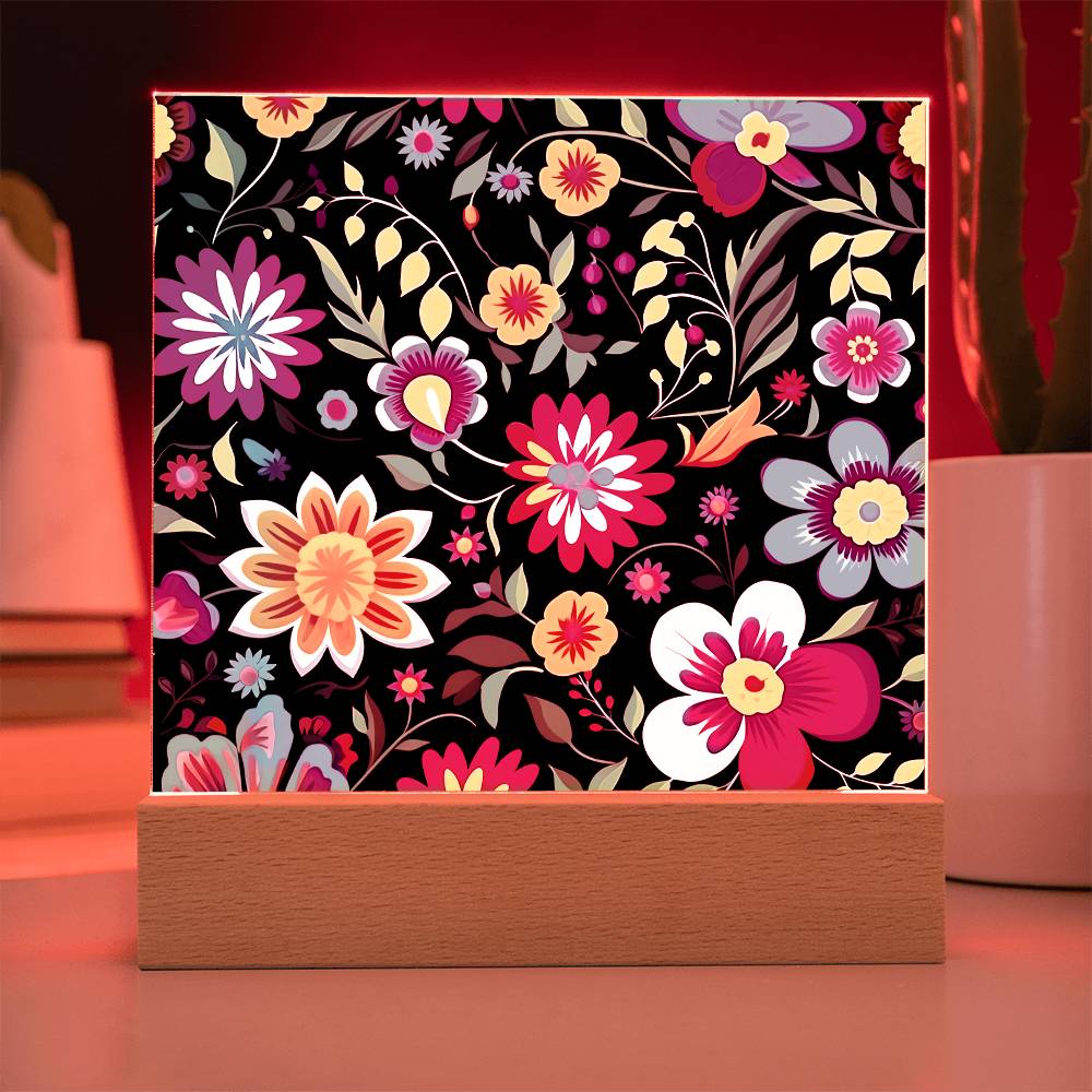 Mexican Floral Fiesta Pattern 034 - Square Acrylic Plaque With LED Base