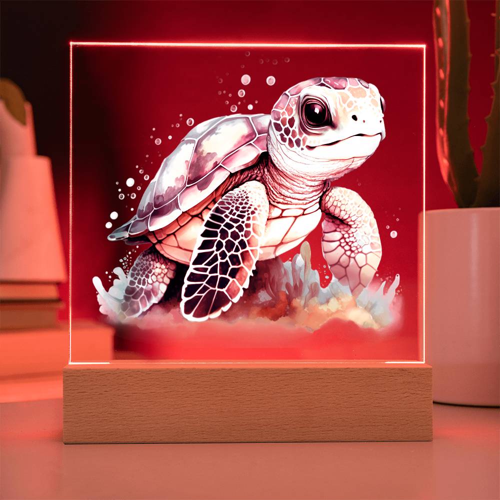 Cute Sea Turtle 014 - Square Acrylic Plaque With LED Base