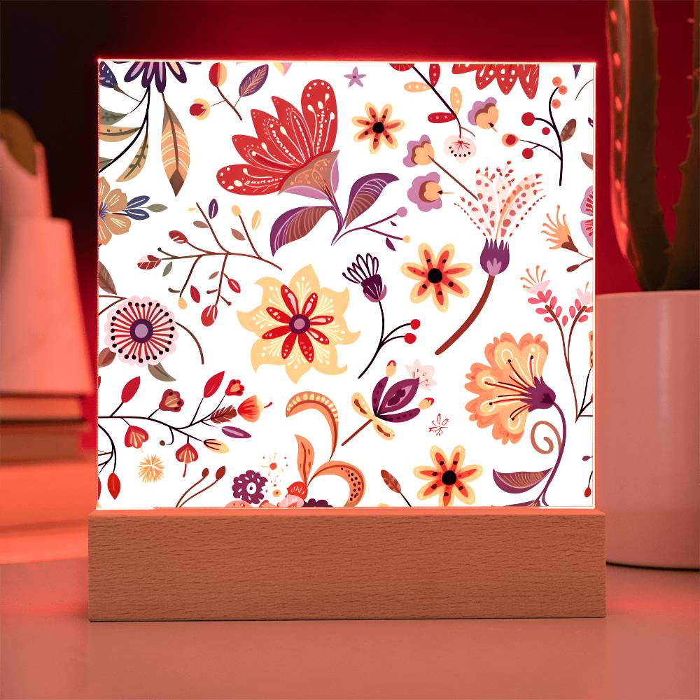 Mexican Floral Fiesta Pattern 019 - Square Acrylic Plaque With LED Base