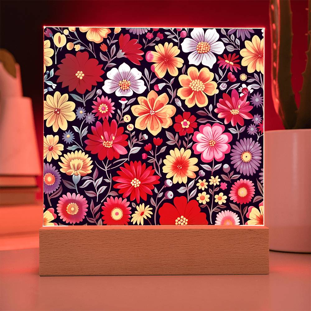 Mexican Floral Fiesta Pattern 048 - Square Acrylic Plaque With LED Base