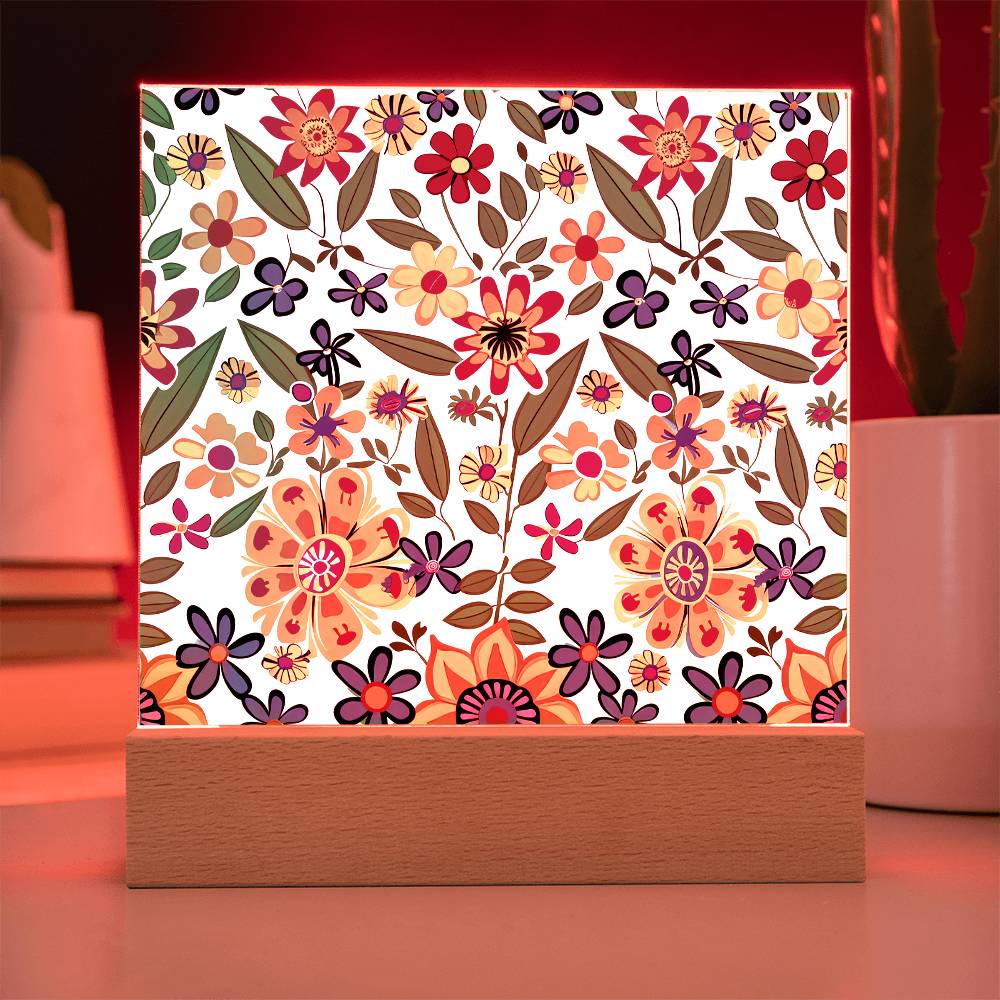 Mexican Floral Fiesta Pattern 007 - Square Acrylic Plaque With LED Base