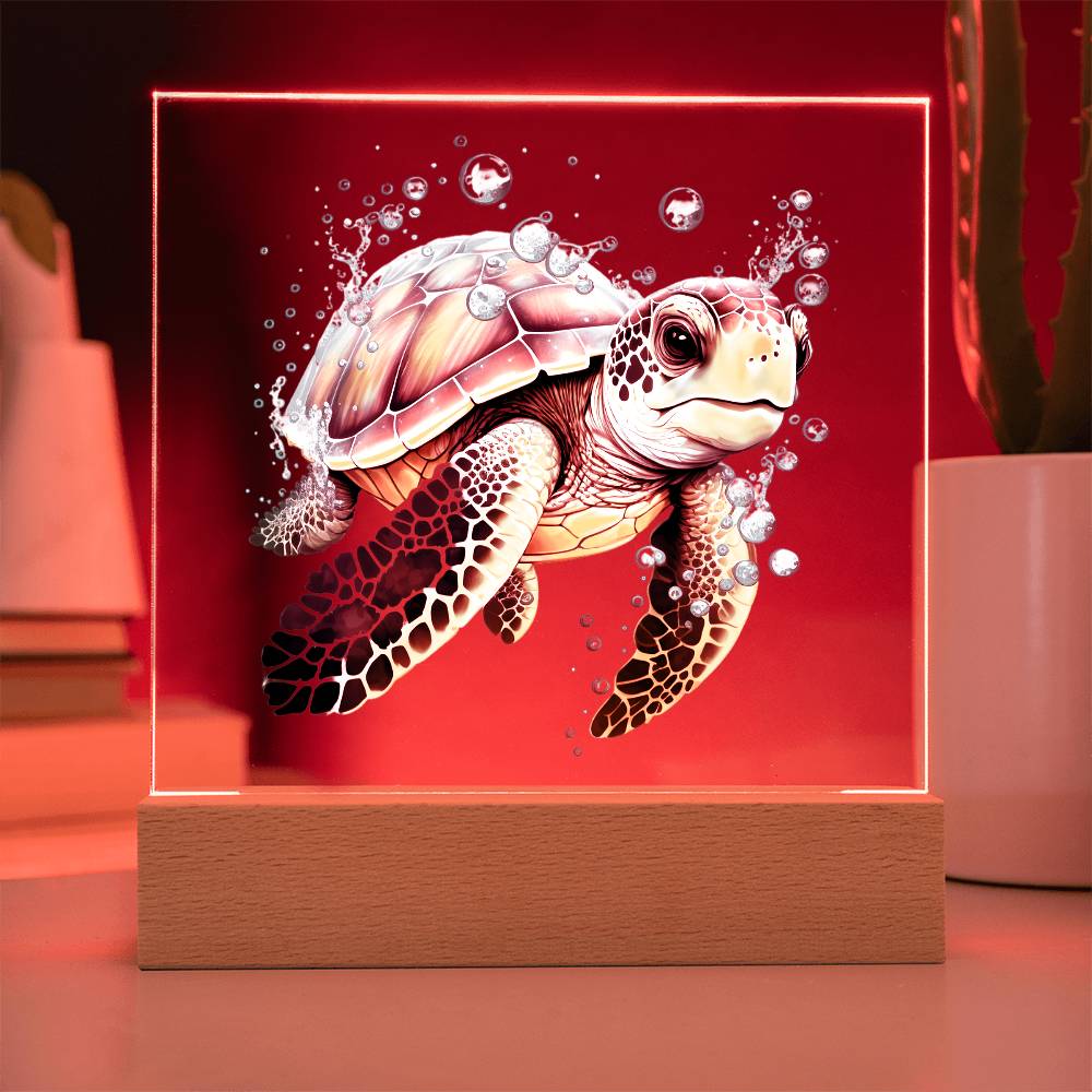 Cute Sea Turtle 004 - Square Acrylic Plaque With LED Base