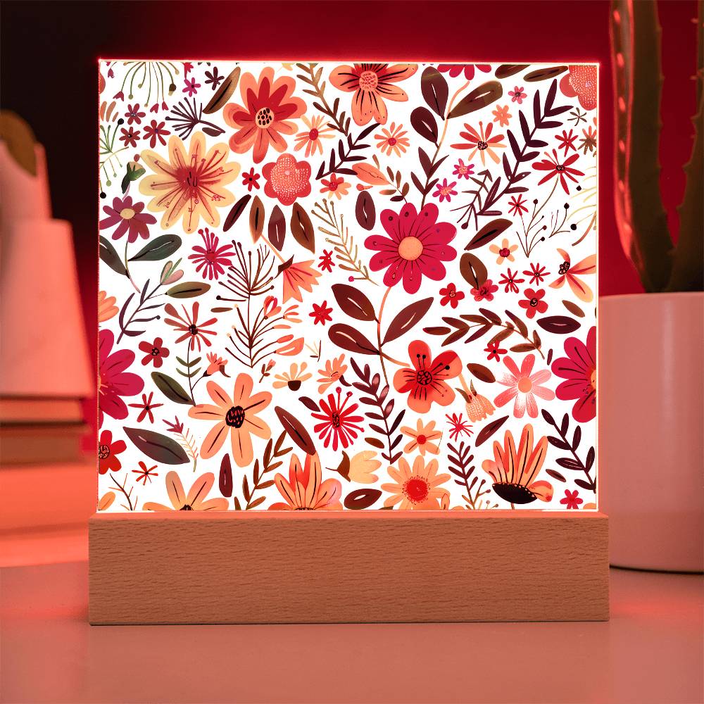 Mexican Floral Fiesta Pattern 004 - Square Acrylic Plaque With LED Base