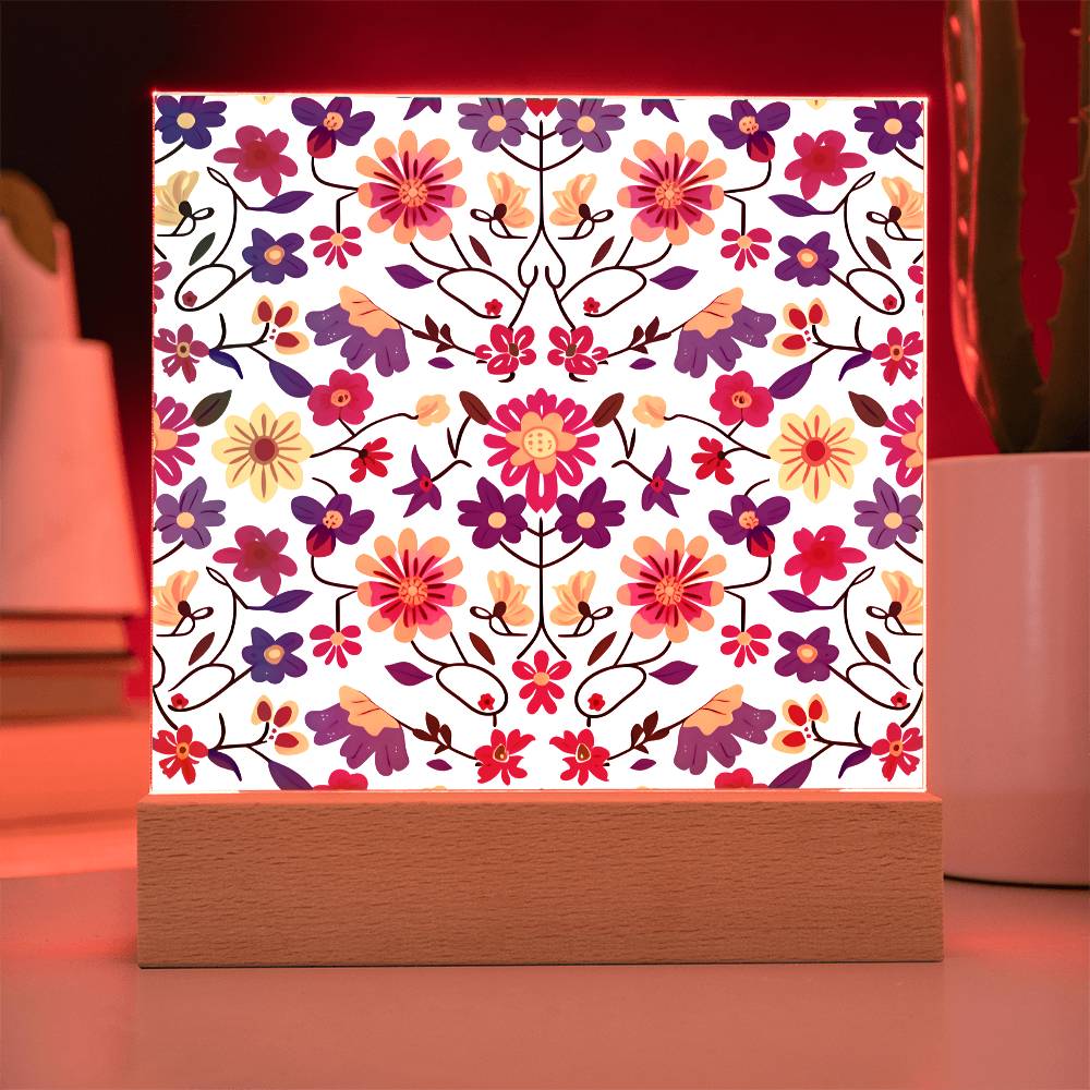 Mexican Floral Fiesta Pattern 020 - Square Acrylic Plaque With LED Base