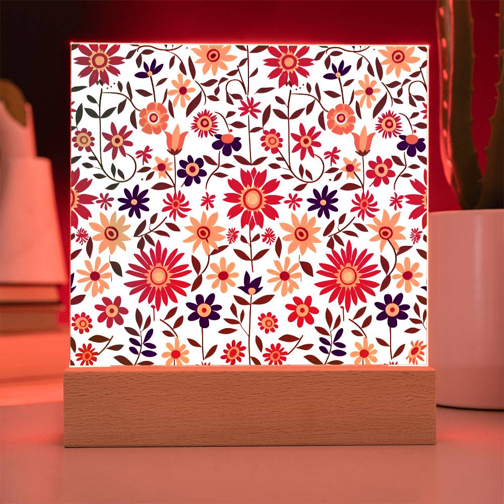 Mexican Floral Fiesta Pattern 017 - Square Acrylic Plaque With LED Base