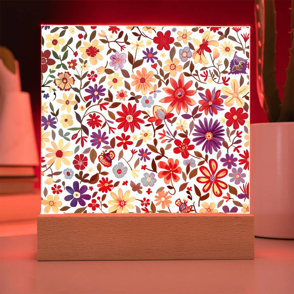 Mexican Floral Fiesta Pattern 009 - Square Acrylic Plaque With LED Base