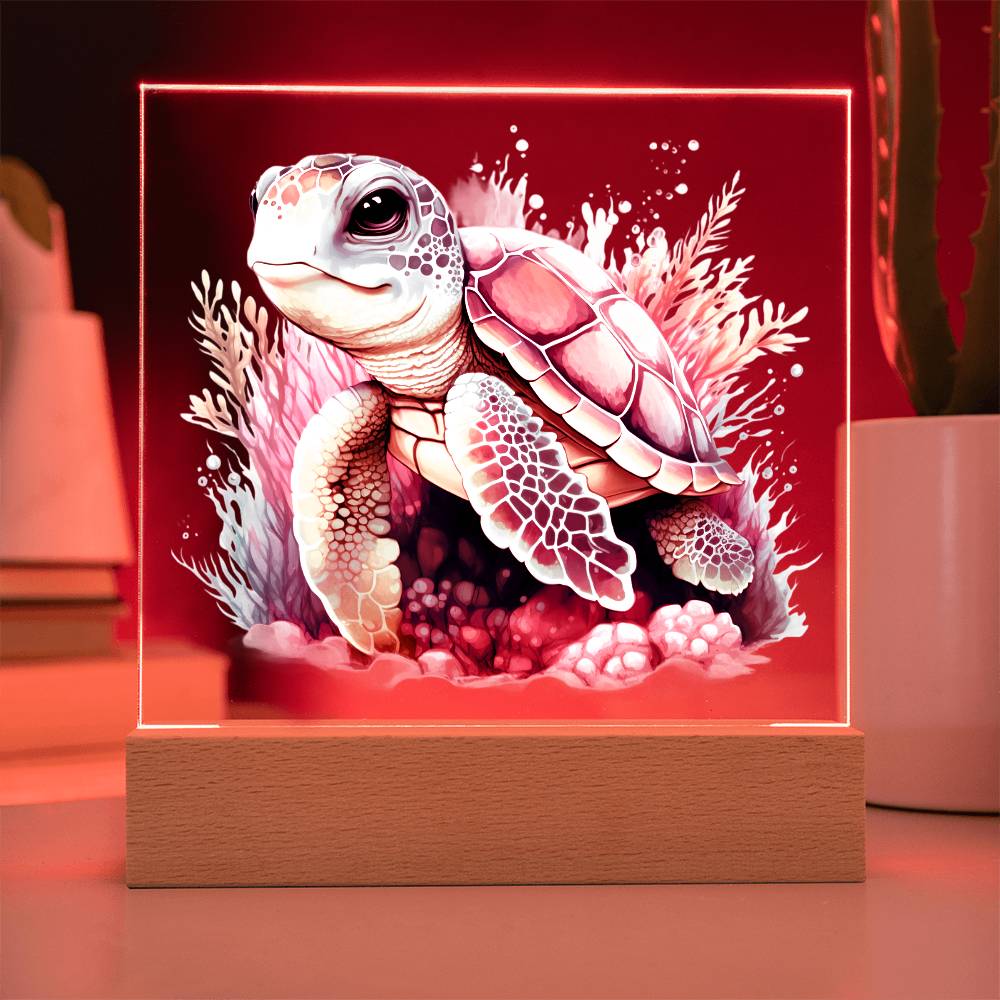 Cute Sea Turtle 012 - Square Acrylic Plaque With LED Base