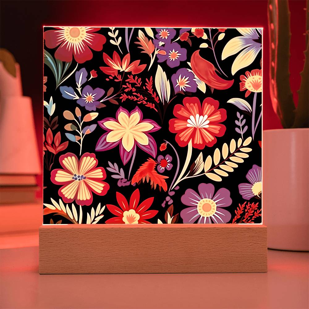 Mexican Floral Fiesta Pattern 035 - Square Acrylic Plaque With LED Base