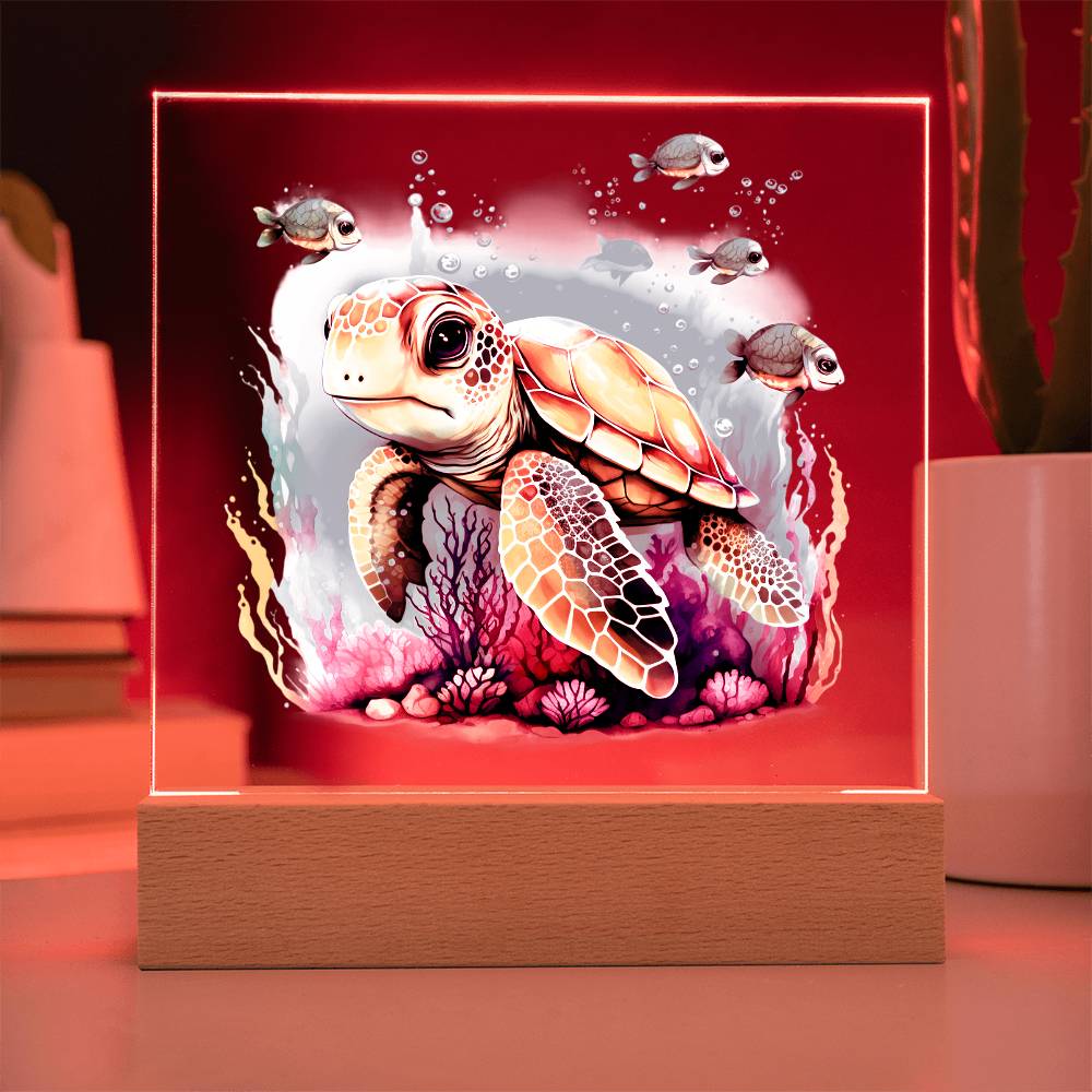 Cute Sea Turtle 002 - Square Acrylic Plaque With LED Base