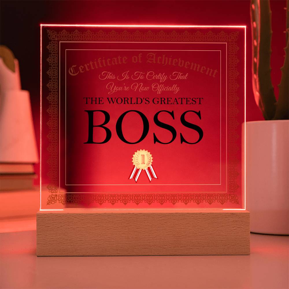 World's Greatest Boss - Square Acrylic Plaque With LED Base