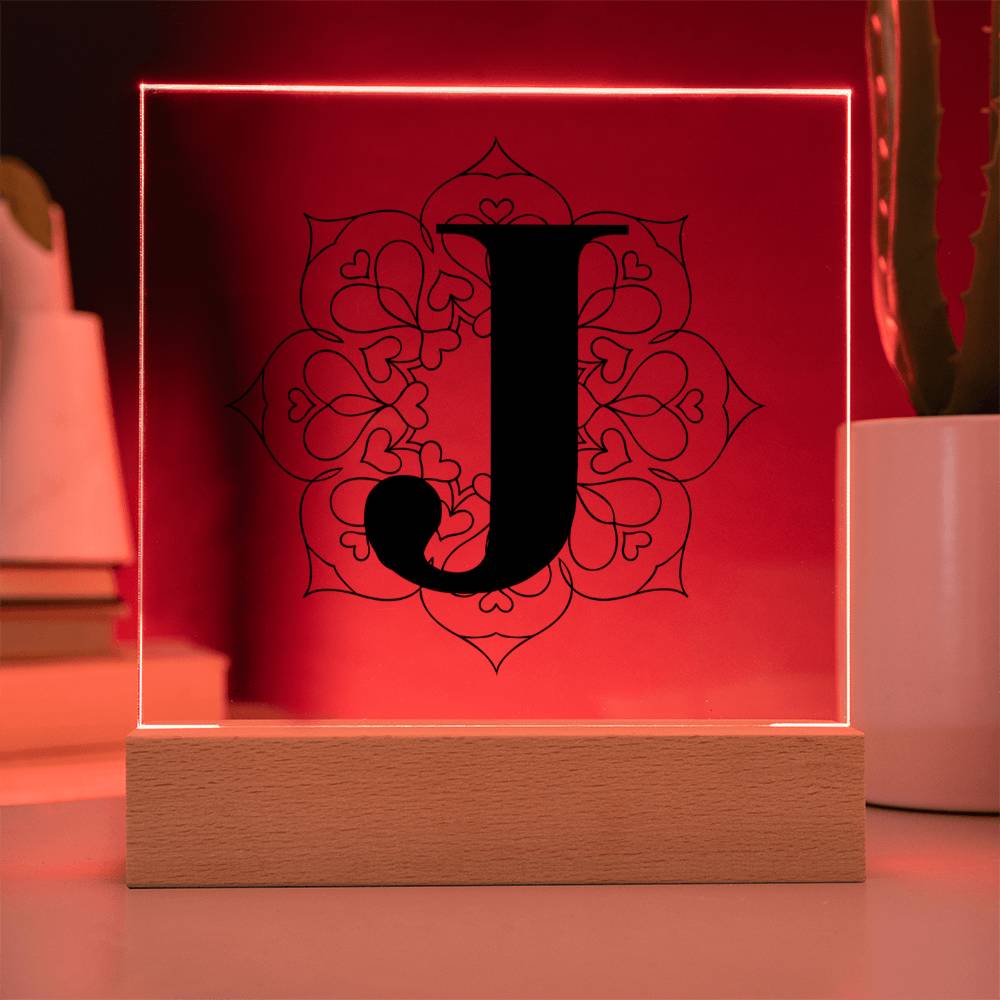 Magnolia Mandala Alphabet Letter J - Square Acrylic Plaque With LED Base