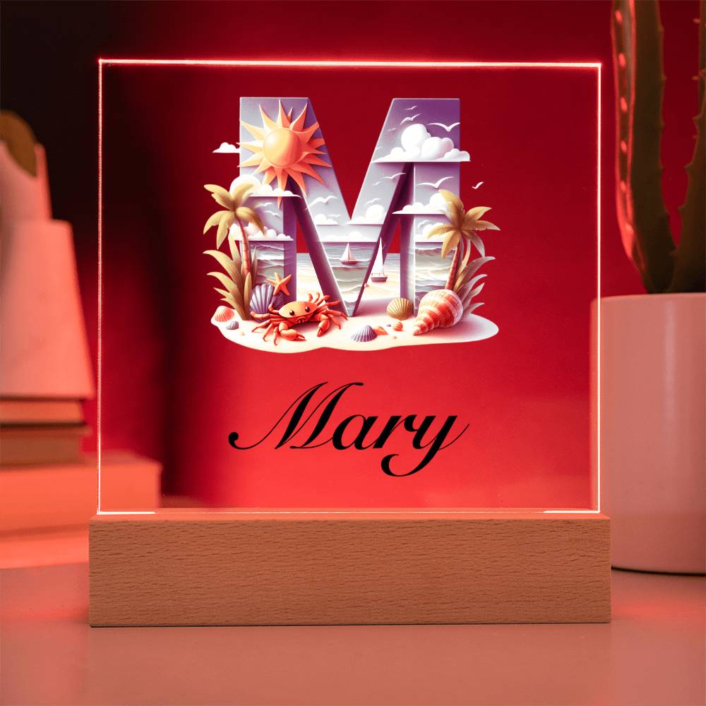 Mary (Summer Beach) - Square Acrylic Plaque With LED Base