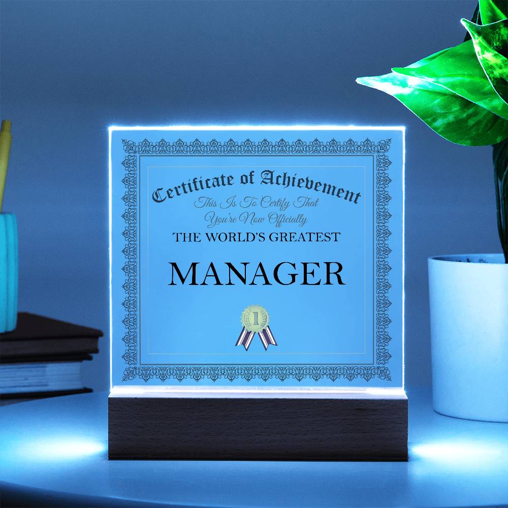World's Greatest Manager - Square Acrylic Plaque With LED Lights