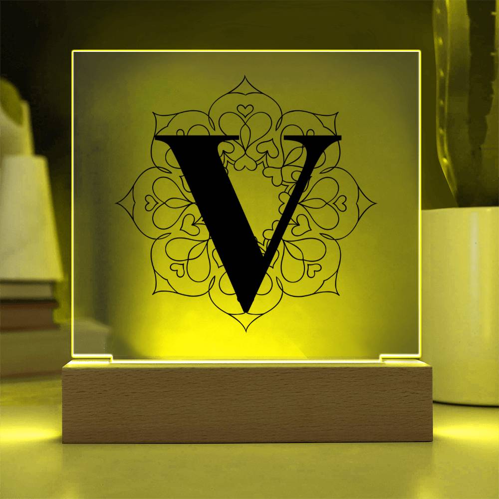 Magnolia Mandala Alphabet Letter V - Square Acrylic Plaque With LED Base