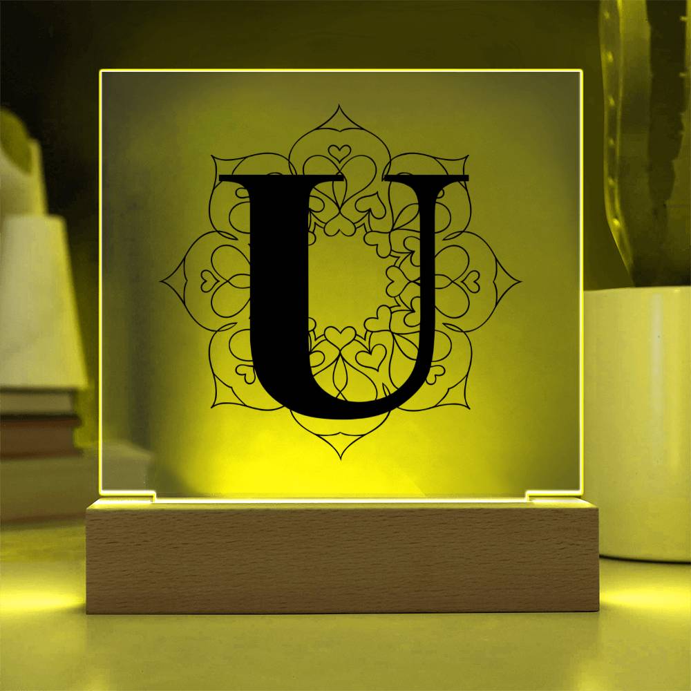 Magnolia Mandala Alphabet Letter U - Square Acrylic Plaque With LED Base
