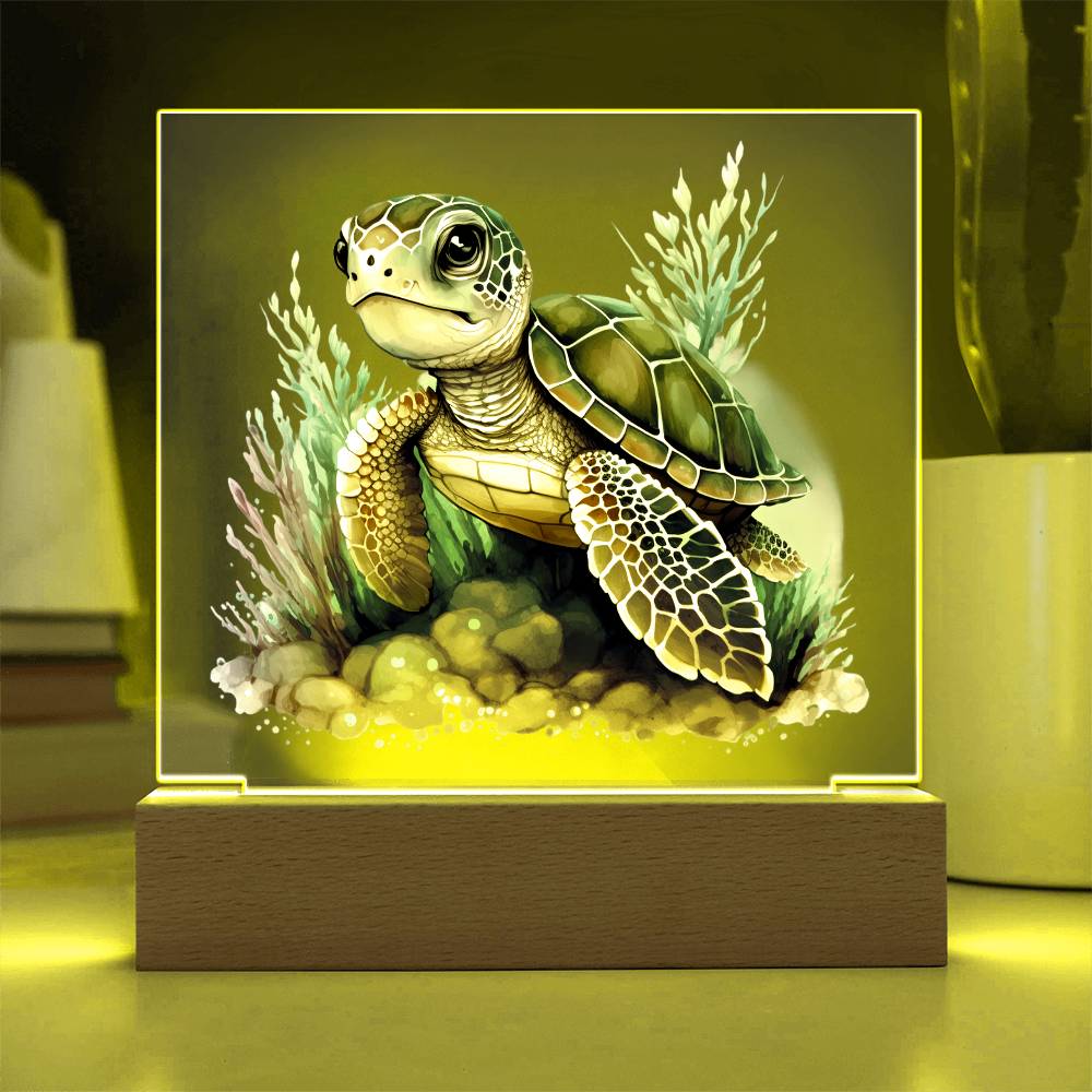 Cute Sea Turtle 015 - Square Acrylic Plaque With LED Base