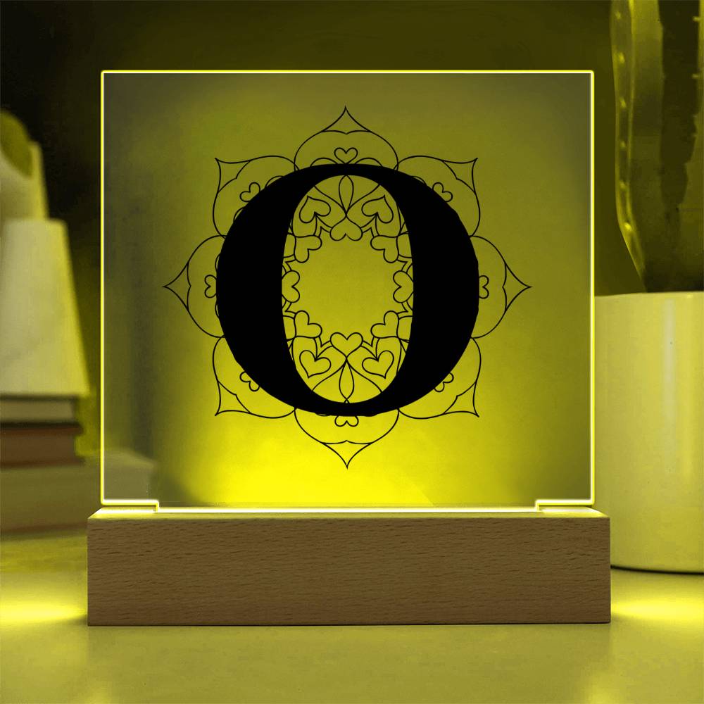 Magnolia Mandala Alphabet Letter O - Square Acrylic Plaque With LED Base