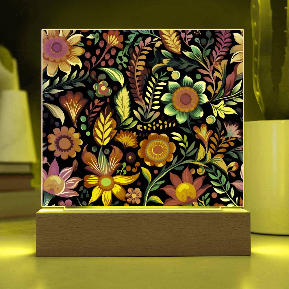 Mexican Floral Fiesta Pattern 059 - Square Acrylic Plaque With LED Base
