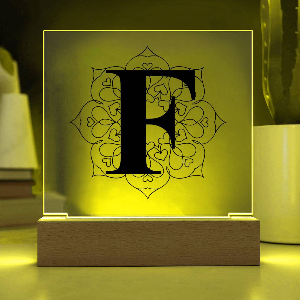 Magnolia Mandala Alphabet Letter F - Square Acrylic Plaque With LED Base