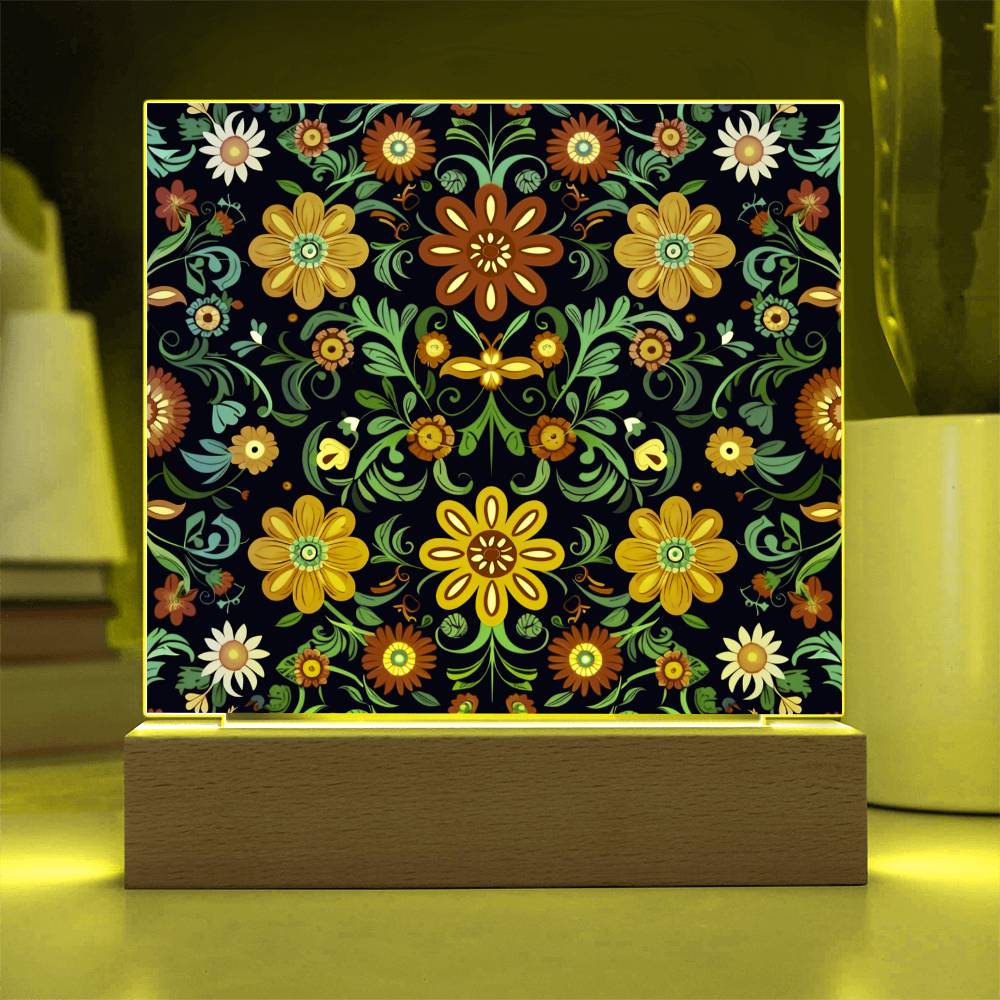 Mexican Floral Fiesta Pattern 071 - Square Acrylic Plaque With LED Base