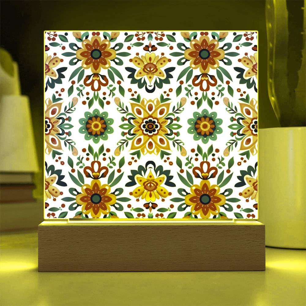 Mexican Floral Fiesta Pattern 070 - Square Acrylic Plaque With LED Base