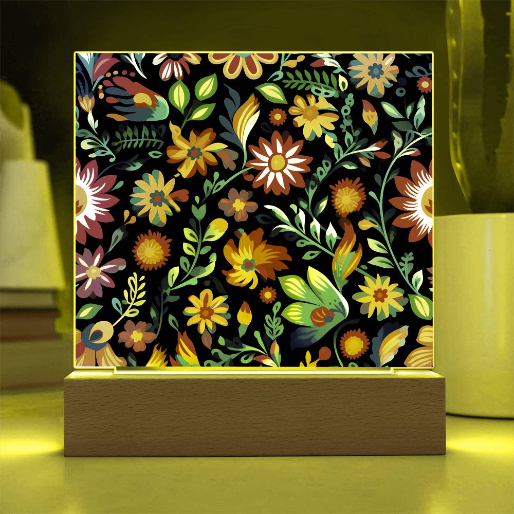 Mexican Floral Fiesta Pattern 053 - Square Acrylic Plaque With LED Base
