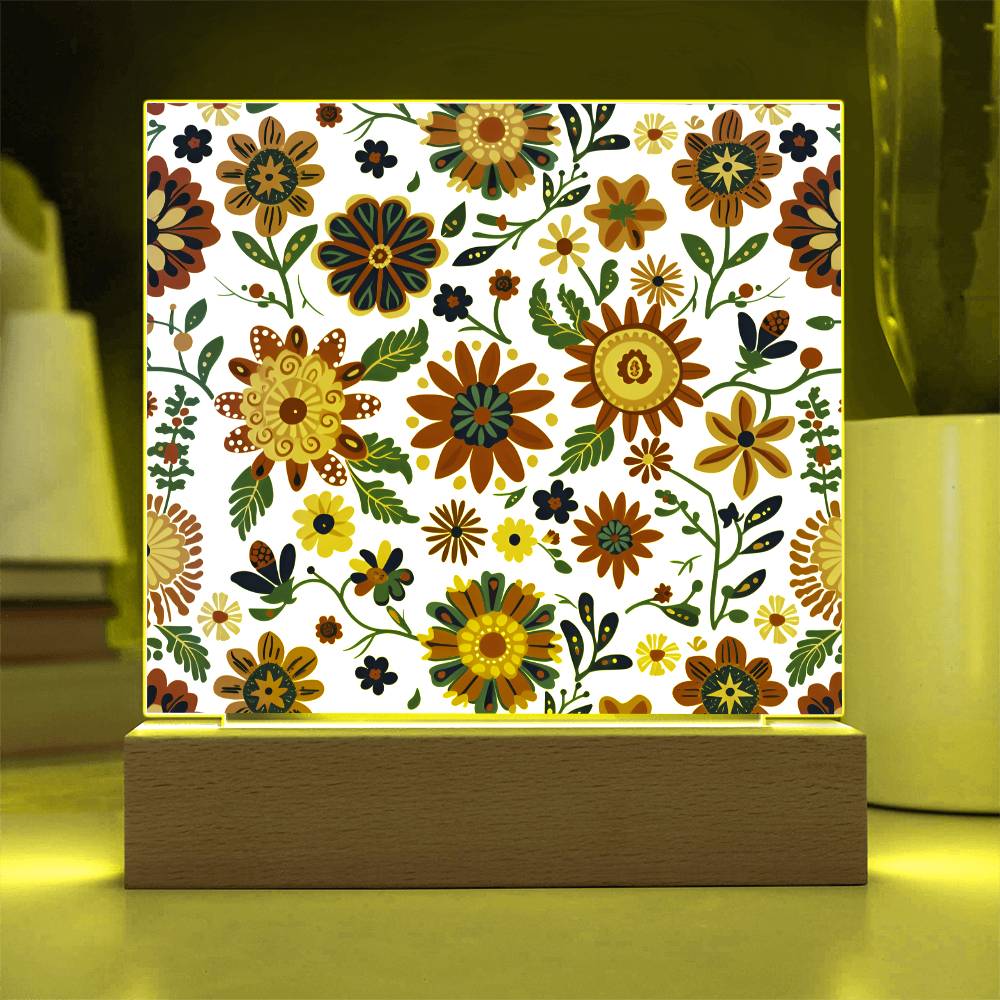 Mexican Floral Fiesta Pattern 026 - Square Acrylic Plaque With LED Base