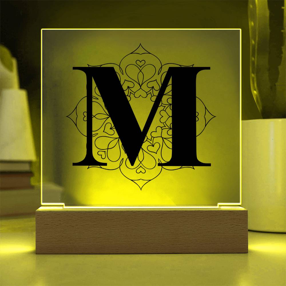 Magnolia Mandala Alphabet Letter M - Square Acrylic Plaque With LED Base
