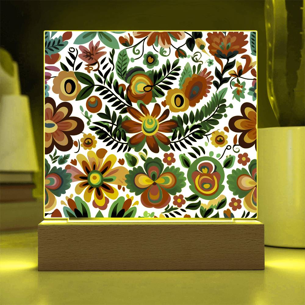 Mexican Floral Fiesta Pattern 051 - Square Acrylic Plaque With LED Base