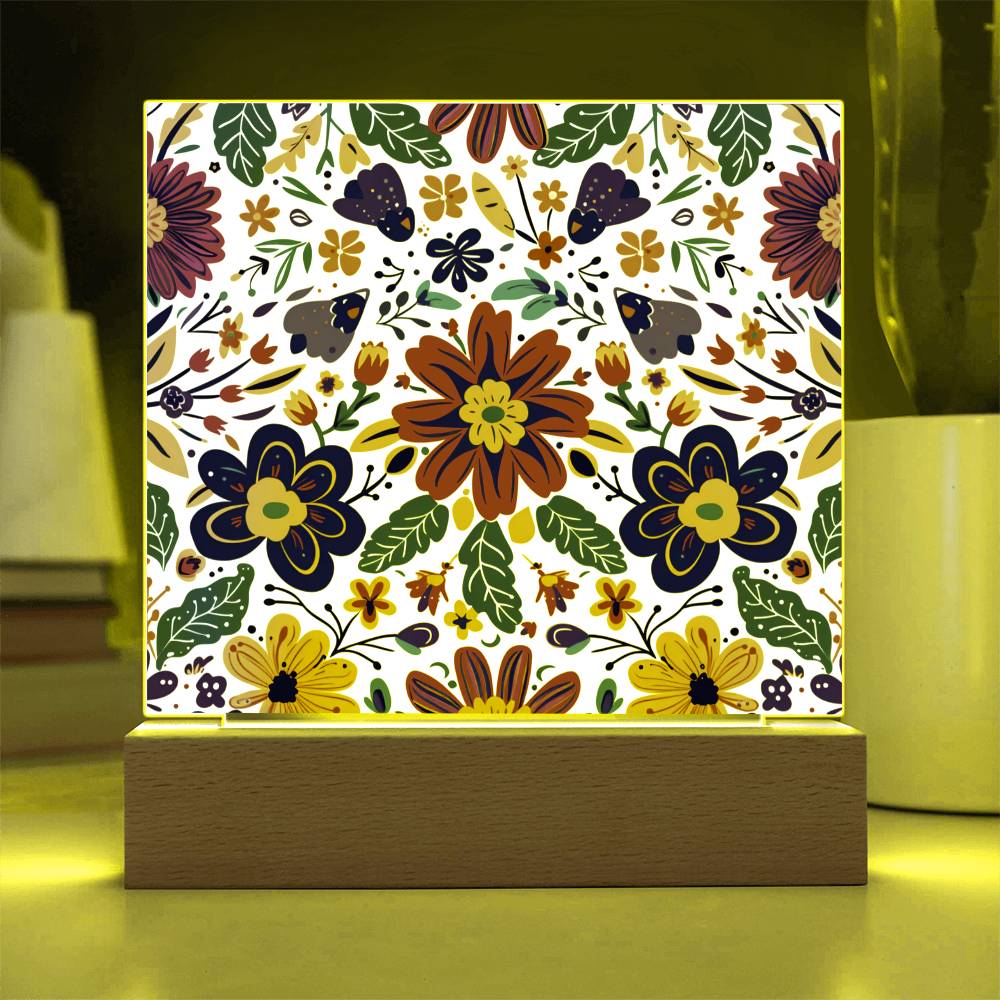 Mexican Floral Fiesta Pattern 067 - Square Acrylic Plaque With LED Base