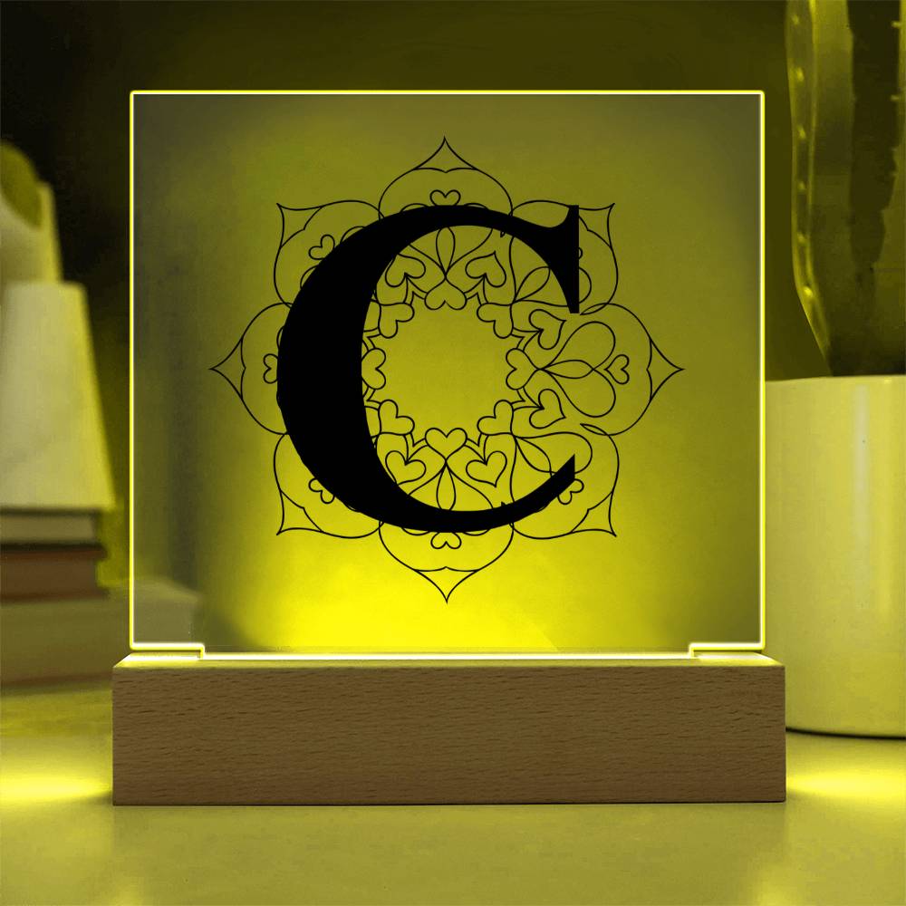 Magnolia Mandala Alphabet Letter C - Square Acrylic Plaque With LED Base