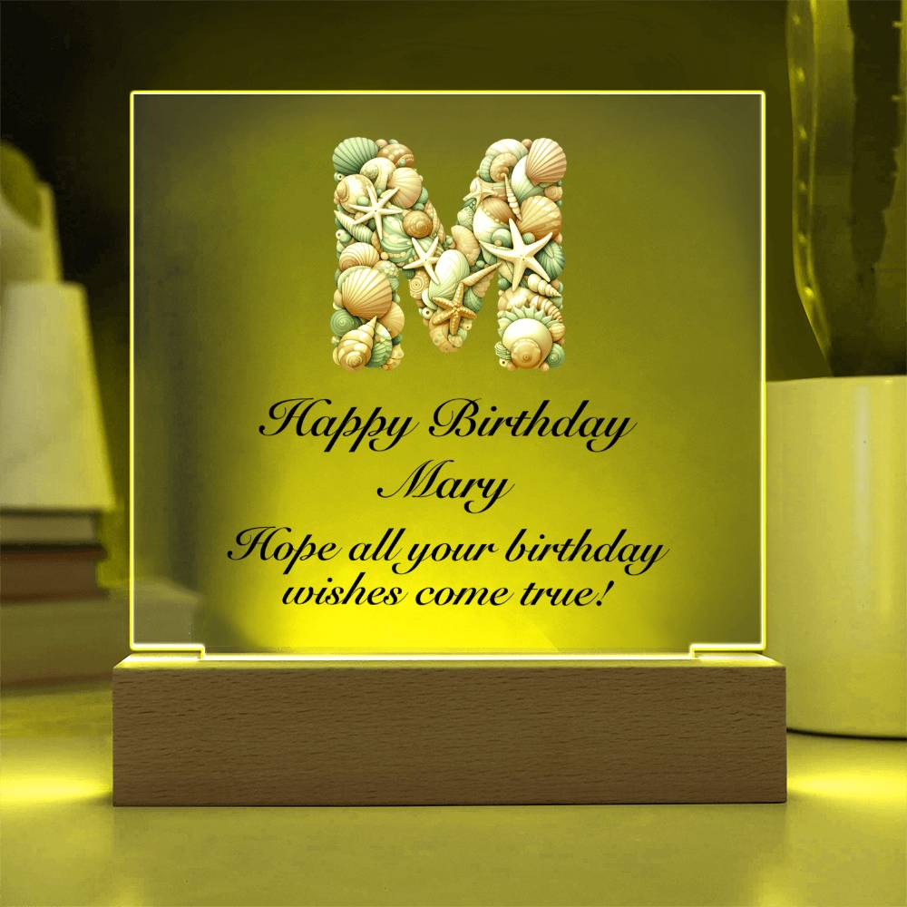 Happy Birthday Mary (Sea Life) - Square Acrylic Plaque With LED Base